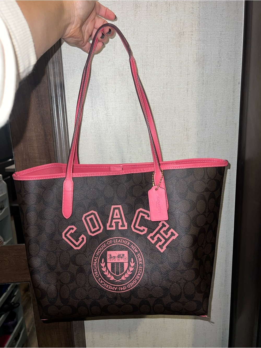 Coach Varsity Signature Tote Bag Brown Pink CB869